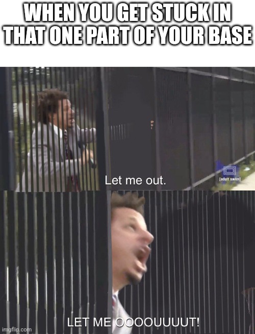 LET ME OUT | WHEN YOU GET STUCK IN THAT ONE PART OF YOUR BASE | image tagged in let me out | made w/ Imgflip meme maker