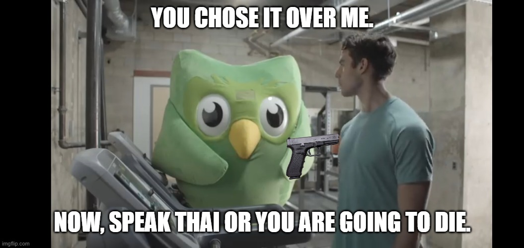 Don't underestimate Duo. | YOU CHOSE IT OVER ME. NOW, SPEAK THAI OR YOU ARE GOING TO DIE. | image tagged in at the gym,duolingo,gun,memes,funny,stop reading these tags | made w/ Imgflip meme maker