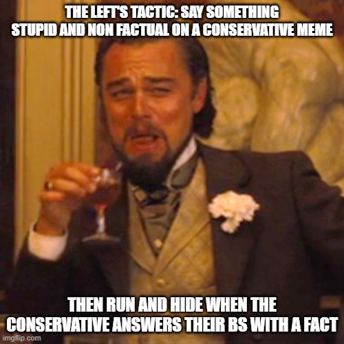 So you mean you're just saying stupid shit and then not responding when we give you facts? | THE LEFT'S TACTIC: SAY SOMETHING STUPID AND NON FACTUAL ON A CONSERVATIVE MEME; THEN RUN AND HIDE WHEN THE CONSERVATIVE ANSWERS THEIR BS WITH A FACT | image tagged in memes,laughing leo | made w/ Imgflip meme maker