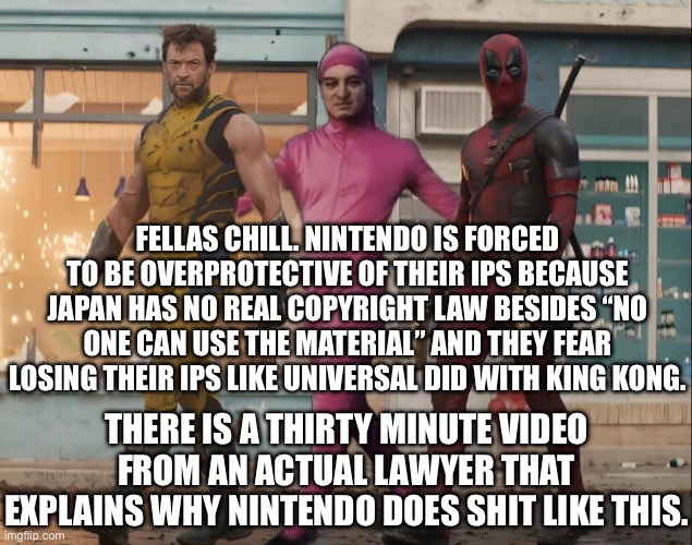 I’ll see if I can find a link to it. | FELLAS CHILL. NINTENDO IS FORCED TO BE OVERPROTECTIVE OF THEIR IPS BECAUSE JAPAN HAS NO REAL COPYRIGHT LAW BESIDES “NO ONE CAN USE THE MATERIAL” AND THEY FEAR LOSING THEIR IPS LIKE UNIVERSAL DID WITH KING KONG. THERE IS A THIRTY MINUTE VIDEO FROM AN ACTUAL LAWYER THAT EXPLAINS WHY NINTENDO DOES SHIT LIKE THIS. | made w/ Imgflip meme maker