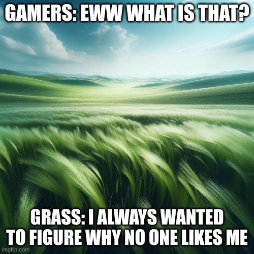 gamers be like | GAMERS: EWW WHAT IS THAT? GRASS: I ALWAYS WANTED TO FIGURE WHY NO ONE LIKES ME | image tagged in grass | made w/ Imgflip meme maker