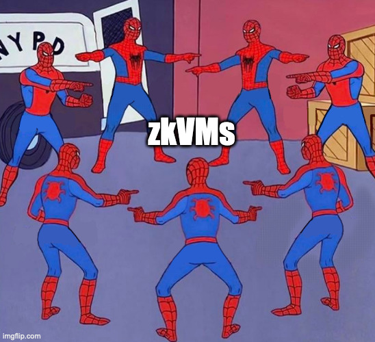 8 spidermen pointing | zkVMs | image tagged in 8 spidermen pointing | made w/ Imgflip meme maker