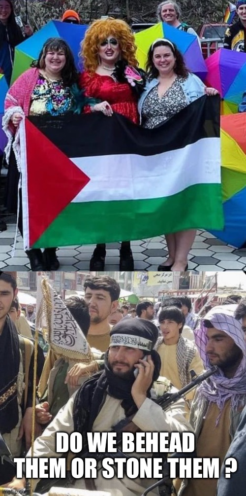 Drag Queens for Palestine | DO WE BEHEAD THEM OR STONE THEM ? | image tagged in calling the taliban,drag queen | made w/ Imgflip meme maker