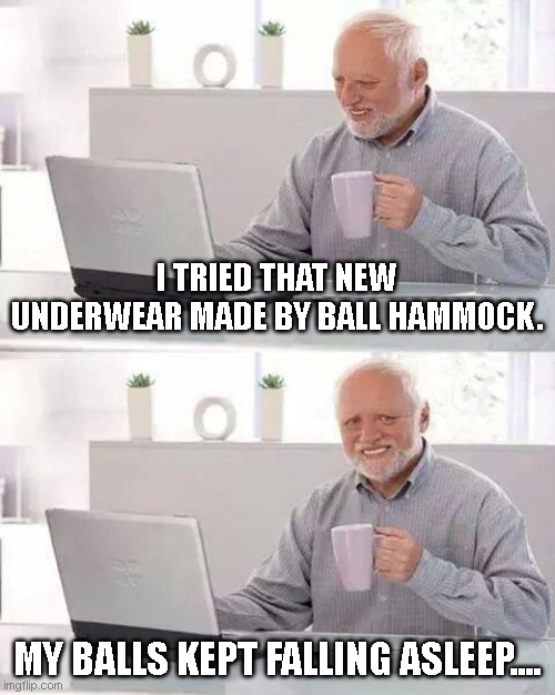 Hide the Pain Harold | I TRIED THAT NEW UNDERWEAR MADE BY BALL HAMMOCK. MY BALLS KEPT FALLING ASLEEP.... | image tagged in memes,hide the pain harold,funny memes,funny meme | made w/ Imgflip meme maker