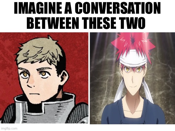 IMAGINE A CONVERSATION BETWEEN THESE TWO | image tagged in memes,dungeon meshi,food wars,anime meme,animeme,shitpost | made w/ Imgflip meme maker