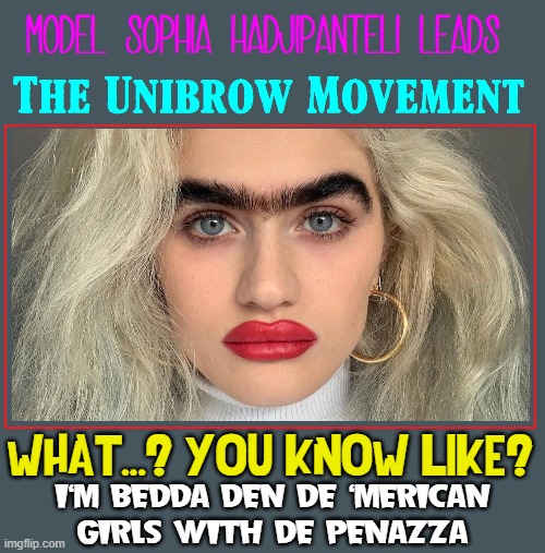 The new "LOOk" for models! | WHAT...? YOU KNOW LIKE? I'M BEDDA DEN DE 'MERICAN
GIRLS WITH DE PENAZZA | image tagged in vince vance,uni,brow,big lips,fashion,memes | made w/ Imgflip meme maker