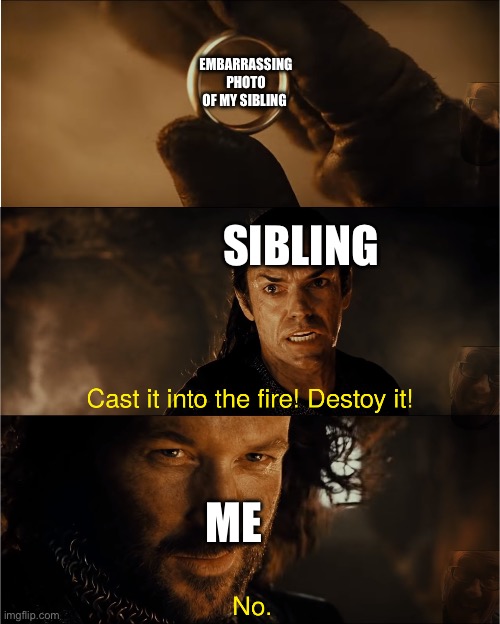 Siblings be like | EMBARRASSING PHOTO OF MY SIBLING; SIBLING; ME | image tagged in cast it into the fire | made w/ Imgflip meme maker