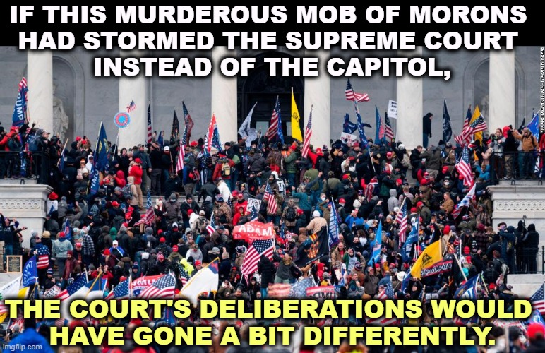 1/6 Capitol Riot Insurrection Rebellion Attempted Coup Trump | IF THIS MURDEROUS MOB OF MORONS 
HAD STORMED THE SUPREME COURT 
INSTEAD OF THE CAPITOL, THE COURT'S DELIBERATIONS WOULD 
HAVE GONE A BIT DIFFERENTLY. | image tagged in 1/6 capitol riot insurrection rebellion attempted coup trump,supreme court,disgrace,corruption,sedition | made w/ Imgflip meme maker