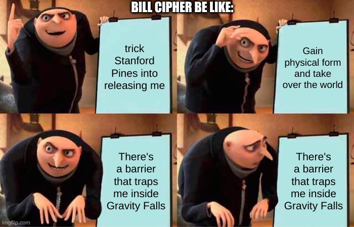 Bill Cipher Meme | BILL CIPHER BE LIKE:; trick Stanford Pines into releasing me; Gain physical form and take over the world; There's a barrier that traps me inside Gravity Falls; There's a barrier that traps me inside Gravity Falls | image tagged in memes,gru's plan,bill cipher | made w/ Imgflip meme maker