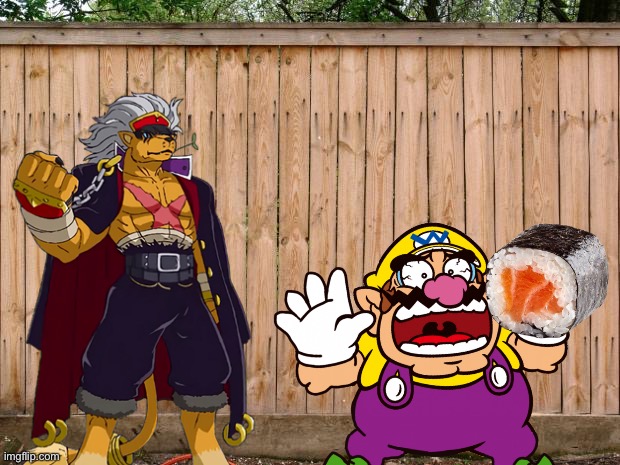 Wario dies by stealing BanchoLeomon's sushi | image tagged in fence,crossover,wario dies,wario,digimon | made w/ Imgflip meme maker