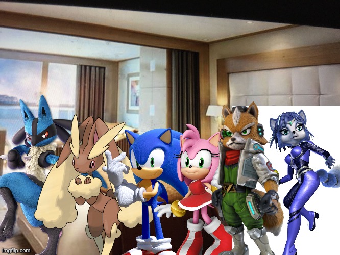 Lucario and Friends having a party at their cruise ship bedroom | image tagged in cruise ship bedroom,crossover,sonic the hedgehog,star fox,pokemon | made w/ Imgflip meme maker