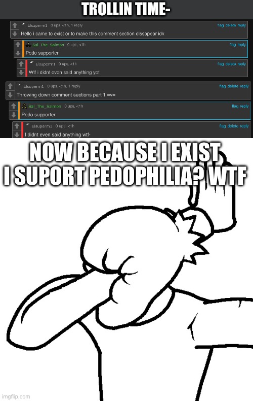 What just happened? | TROLLIN TIME-; NOW BECAUSE I EXIST I SUPORT PEDOPHILIA? WTF | image tagged in extreme facepalm | made w/ Imgflip meme maker
