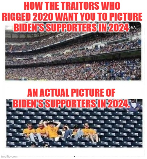 LARGE CROWD SMALL CROWD | HOW THE TRAITORS WHO RIGGED 2020 WANT YOU TO PICTURE BIDEN'S SUPPORTERS IN 2024; AN ACTUAL PICTURE OF BIDEN'S SUPPORTERS IN 2024. | image tagged in large crowd small crowd | made w/ Imgflip meme maker
