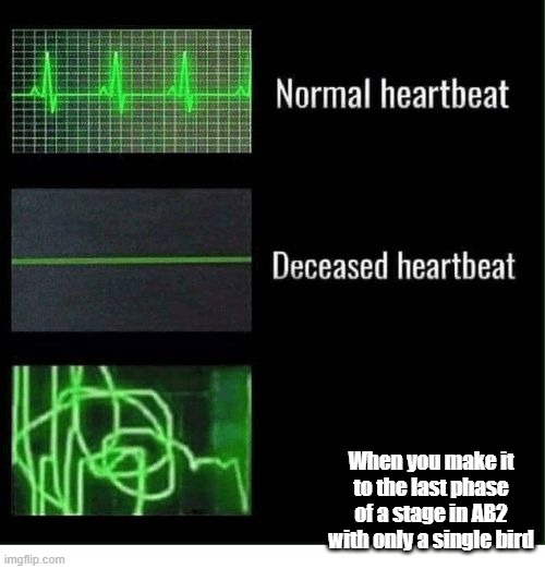 normal heartbeat deceased heartbeat | When you make it to the last phase of a stage in AB2 with only a single bird | image tagged in normal heartbeat deceased heartbeat,angry birds | made w/ Imgflip meme maker