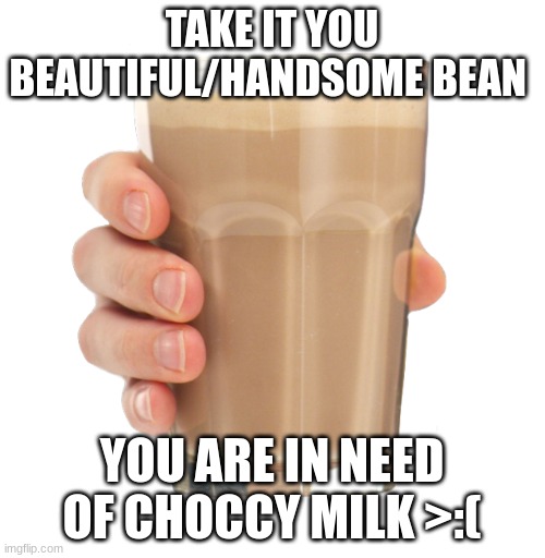 Choccy Milk | TAKE IT YOU BEAUTIFUL/HANDSOME BEAN YOU ARE IN NEED OF CHOCCY MILK >:( | image tagged in choccy milk | made w/ Imgflip meme maker
