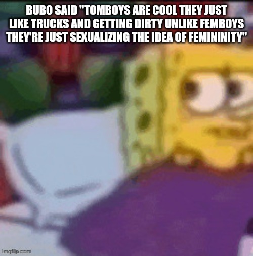 Common bubo w | BUBO SAID "TOMBOYS ARE COOL THEY JUST LIKE TRUCKS AND GETTING DIRTY UNLIKE FEMBOYS THEY'RE JUST SEXUALIZING THE IDEA OF FEMININITY" | image tagged in erm what the freak | made w/ Imgflip meme maker