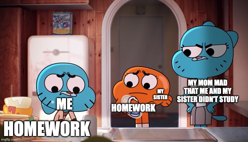 Gumball | MY MOM MAD THAT ME AND MY SISTER DIDN'T STUDY; MY SISTER; ME; HOMEWORK; HOMEWORK | image tagged in gumball | made w/ Imgflip meme maker