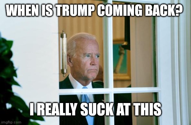 Sad Joe Biden | WHEN IS TRUMP COMING BACK? I REALLY SUCK AT THIS | image tagged in sad joe biden | made w/ Imgflip meme maker