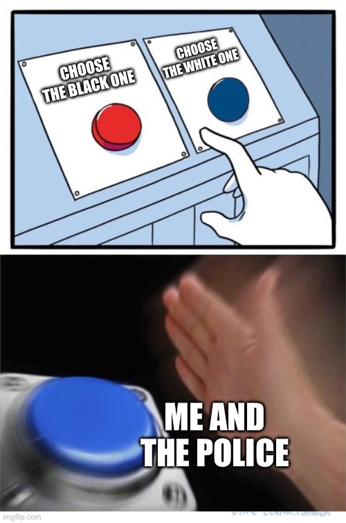 The white ones are the best | CHOOSE THE WHITE ONE; CHOOSE THE BLACK ONE; ME AND THE POLICE | image tagged in two buttons 1 blue | made w/ Imgflip meme maker