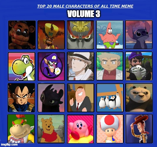 top 20 male characters of all time volume 3 | image tagged in top 20 male characters volume 3,male,favorites,nintendo,gaming,men | made w/ Imgflip meme maker