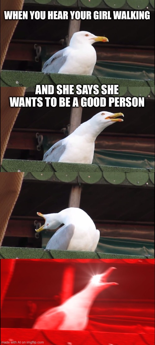 Inhaling Seagull Meme | WHEN YOU HEAR YOUR GIRL WALKING; AND SHE SAYS SHE WANTS TO BE A GOOD PERSON | image tagged in memes,inhaling seagull | made w/ Imgflip meme maker
