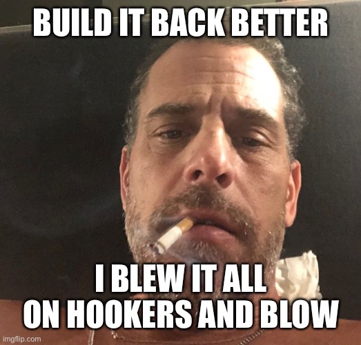 Hunter Biden | BUILD IT BACK BETTER I BLEW IT ALL ON HOOKERS AND BLOW | image tagged in hunter biden | made w/ Imgflip meme maker
