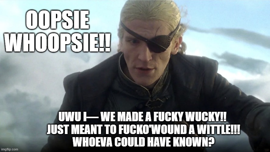 Aemond did an oopsie woopsie | OOPSIE
WHOOPSIE!! UWU I— WE MADE A FUCKY WUCKY!! 
JUST MEANT TO FUCKO'WOUND A WITTLE!!!
WHOEVA COULD HAVE KNOWN? | image tagged in aemond,ooopsie woopsie,accident,how could this have happened | made w/ Imgflip meme maker