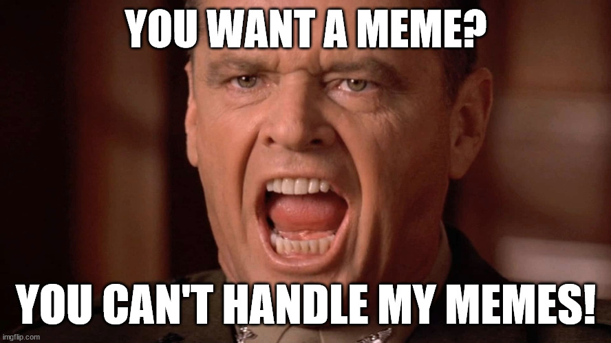 meme | YOU WANT A MEME? YOU CAN'T HANDLE MY MEMES! | image tagged in memes | made w/ Imgflip meme maker