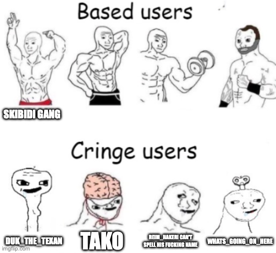 Based users v.s. cringe users | SKIBIDI GANG; REIM_HAKERI CAN'T SPELL HIS FUCKING NAME; TAKO; WHATS_GOING_ON_HERE; DUK_THE_TEXAN | image tagged in based users v s cringe users | made w/ Imgflip meme maker