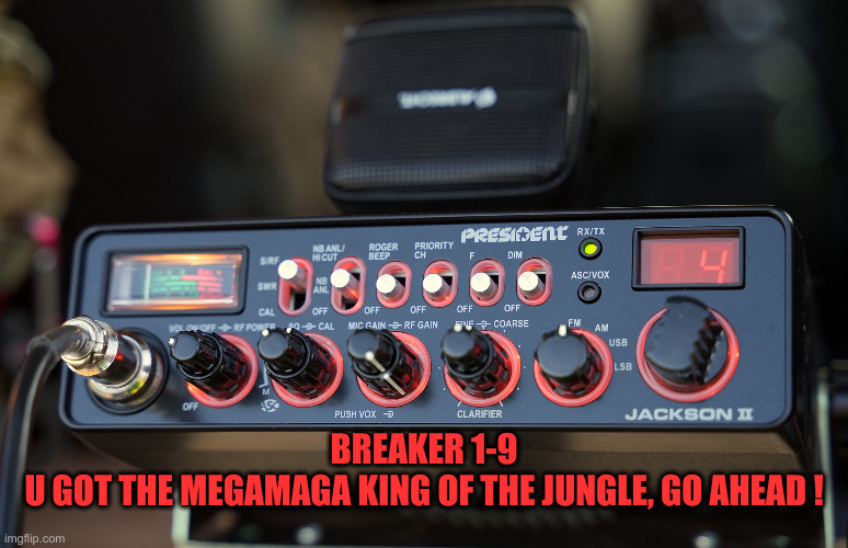 CB Radio | BREAKER 1-9
U GOT THE MEGAMAGA KING OF THE JUNGLE, GO AHEAD ! | image tagged in cb radio | made w/ Imgflip meme maker