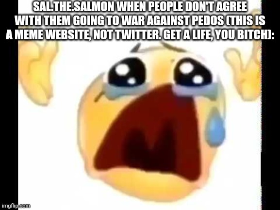 cursed crying emoji | SAL.THE.SALMON WHEN PEOPLE DON'T AGREE WITH THEM GOING TO WAR AGAINST PEDOS (THIS IS A MEME WEBSITE, NOT TWITTER. GET A LIFE, YOU BITCH): | image tagged in cursed crying emoji | made w/ Imgflip meme maker