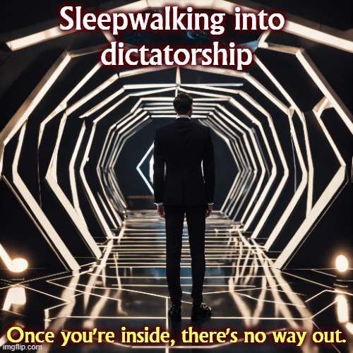 Sleepwalking into 
dictatorship; Once you're inside, there's no way out. | image tagged in maga,sleepwalking,trump,tyranny,death,democracy | made w/ Imgflip meme maker