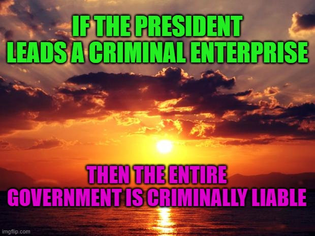 Sunset | IF THE PRESIDENT LEADS A CRIMINAL ENTERPRISE; THEN THE ENTIRE GOVERNMENT IS CRIMINALLY LIABLE | image tagged in sunset | made w/ Imgflip meme maker