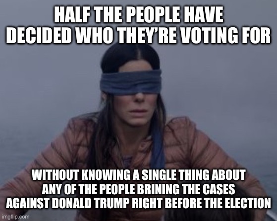Why Are They Immune from Normal Political Scrutiny? | HALF THE PEOPLE HAVE DECIDED WHO THEY’RE VOTING FOR; WITHOUT KNOWING A SINGLE THING ABOUT ANY OF THE PEOPLE BRINING THE CASES AGAINST DONALD TRUMP RIGHT BEFORE THE ELECTION | image tagged in bird box blindfolded,liberal logic,stupid liberals,donald trump,liberal hypocrisy,not funny | made w/ Imgflip meme maker