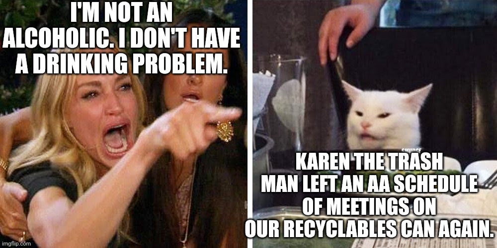 Smudge that darn cat with Karen | I'M NOT AN ALCOHOLIC. I DON'T HAVE A DRINKING PROBLEM. KAREN THE TRASH MAN LEFT AN AA SCHEDULE OF MEETINGS ON OUR RECYCLABLES CAN AGAIN. | image tagged in smudge that darn cat with karen | made w/ Imgflip meme maker