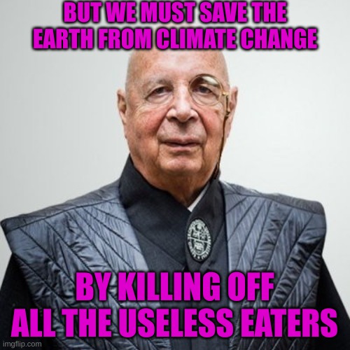 Klaus Schwab | BUT WE MUST SAVE THE EARTH FROM CLIMATE CHANGE BY KILLING OFF ALL THE USELESS EATERS | image tagged in klaus schwab | made w/ Imgflip meme maker