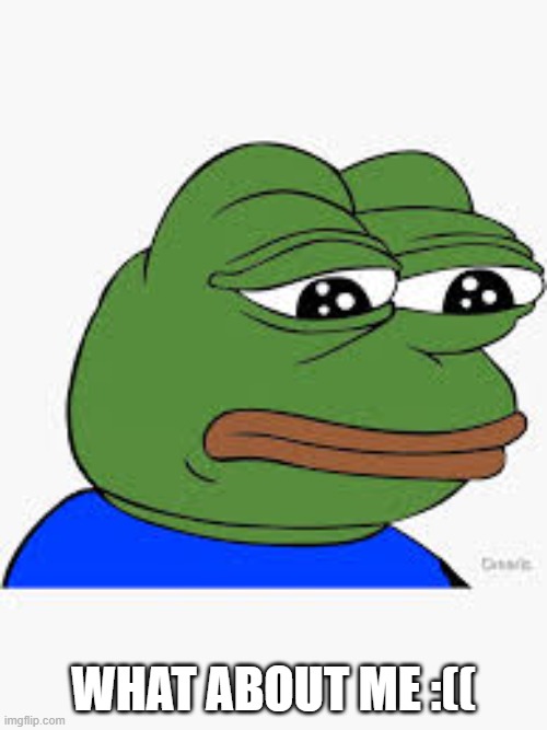Pepe sad | WHAT ABOUT ME :(( | image tagged in sad frog | made w/ Imgflip meme maker