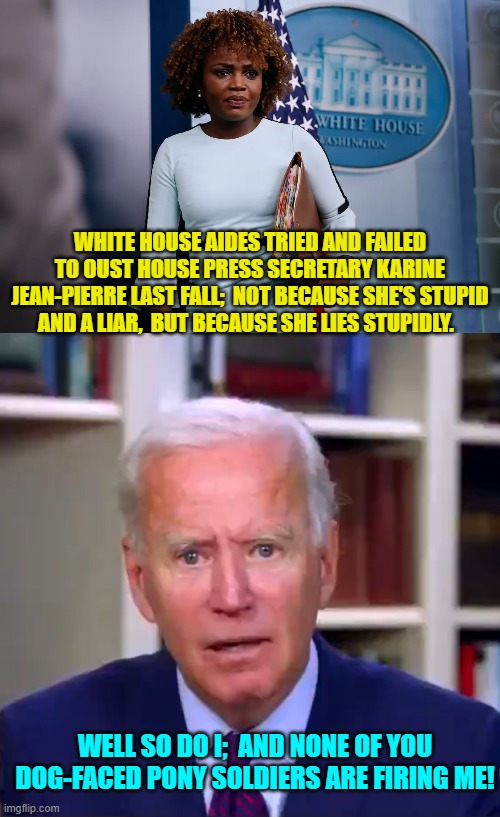 For once Dementia Joe has got a point.  D.E.I. applies to all leftist hires. | WHITE HOUSE AIDES TRIED AND FAILED TO OUST HOUSE PRESS SECRETARY KARINE JEAN-PIERRE LAST FALL;  NOT BECAUSE SHE'S STUPID AND A LIAR,  BUT BECAUSE SHE LIES STUPIDLY. WELL SO DO I;  AND NONE OF YOU DOG-FACED PONY SOLDIERS ARE FIRING ME! | image tagged in yep | made w/ Imgflip meme maker