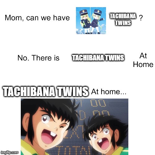 Tachibana Twins | TACHIBANA
TWINS; TACHIBANA TWINS; TACHIBANA TWINS | image tagged in mom can we have,blue archive,captain tsubasa,shupogaki | made w/ Imgflip meme maker