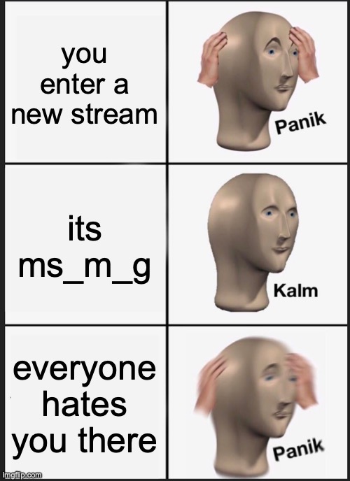maybe not *everyone*, aye? | you enter a new stream; its ms_m_g; everyone hates you there | image tagged in memes,panik kalm panik | made w/ Imgflip meme maker
