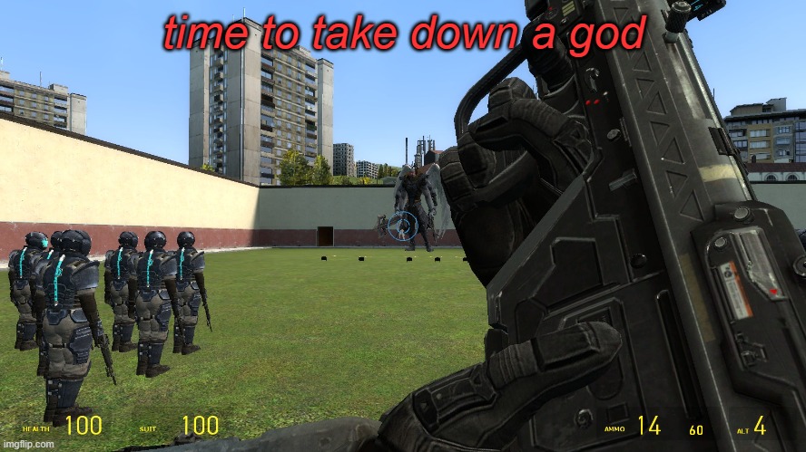 with the ol'reliable DMR from halo reach | time to take down a god | made w/ Imgflip meme maker