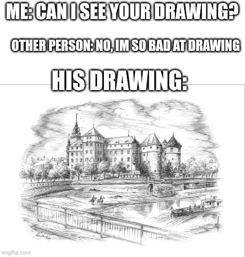 Bros drawing skills | ME: CAN I SEE YOUR DRAWING? OTHER PERSON: NO, IM SO BAD AT DRAWING; HIS DRAWING: | image tagged in drawing,drawings | made w/ Imgflip meme maker