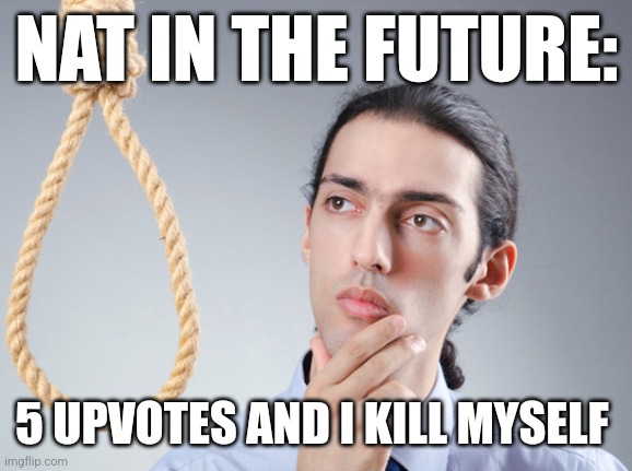 noose | NAT IN THE FUTURE:; 5 UPVOTES AND I KILL MYSELF | image tagged in noose | made w/ Imgflip meme maker