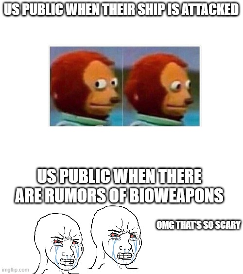 US public be like(vietnam war and iraq war) | US PUBLIC WHEN THEIR SHIP IS ATTACKED; US PUBLIC WHEN THERE ARE RUMORS OF BIOWEAPONS; OMG THAT'S SO SCARY | image tagged in wojak | made w/ Imgflip meme maker