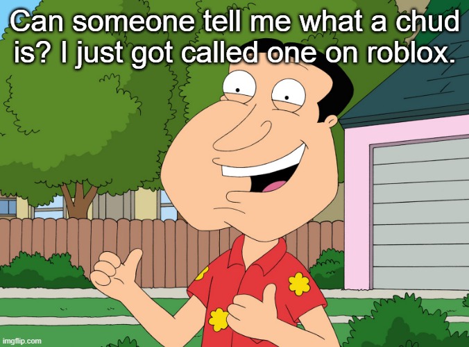 Quagmire Family Guy | Can someone tell me what a chud is? I just got called one on roblox. | image tagged in quagmire family guy | made w/ Imgflip meme maker