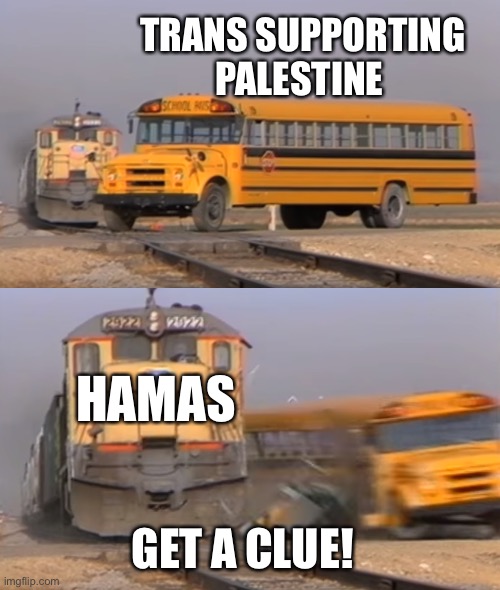 Can’t get any clearer | TRANS SUPPORTING PALESTINE; HAMAS; GET A CLUE! | image tagged in a train hitting a school bus | made w/ Imgflip meme maker