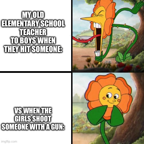 My old elementary school teacher | MY OLD ELEMENTARY SCHOOL TEACHER TO BOYS WHEN THEY HIT SOMEONE:; VS WHEN THE GIRLS SHOOT SOMEONE WITH A GUN: | image tagged in cuphead flower | made w/ Imgflip meme maker