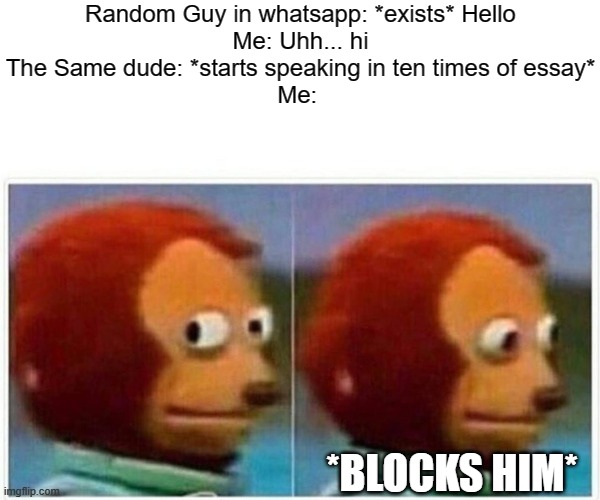 Shit I'm ain't doing this. | Random Guy in whatsapp: *exists* Hello
Me: Uhh... hi
The Same dude: *starts speaking in ten times of essay*
Me:; *BLOCKS HIM* | image tagged in memes,monkey puppet,funny | made w/ Imgflip meme maker
