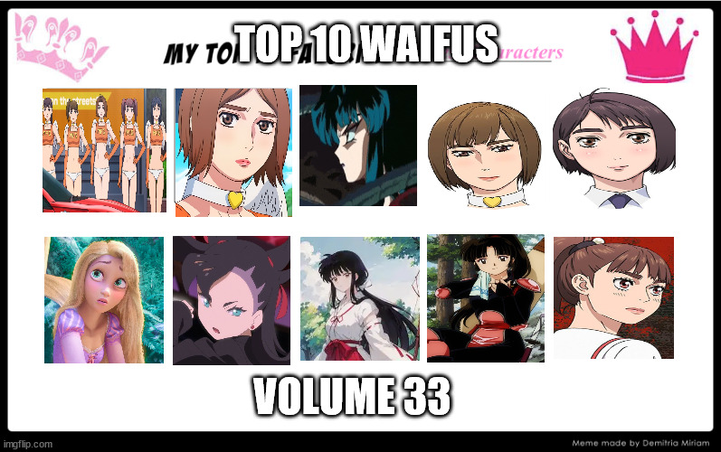 top 10 waifus volume 33 | TOP 10 WAIFUS; VOLUME 33 | image tagged in top 10 favorite princess characters,waifu,anime,racing,tangled,female logic | made w/ Imgflip meme maker