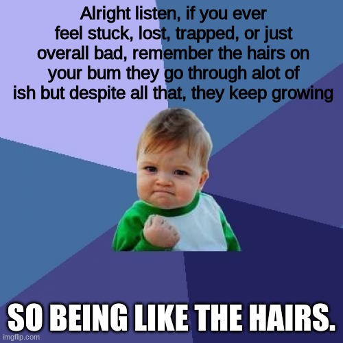 ✊✊✊✊✊✊✊✊✊✊✊ | Alright listen, if you ever feel stuck, lost, trapped, or just overall bad, remember the hairs on your bum they go through alot of ish but despite all that, they keep growing; SO BEING LIKE THE HAIRS. | image tagged in memes,success kid | made w/ Imgflip meme maker
